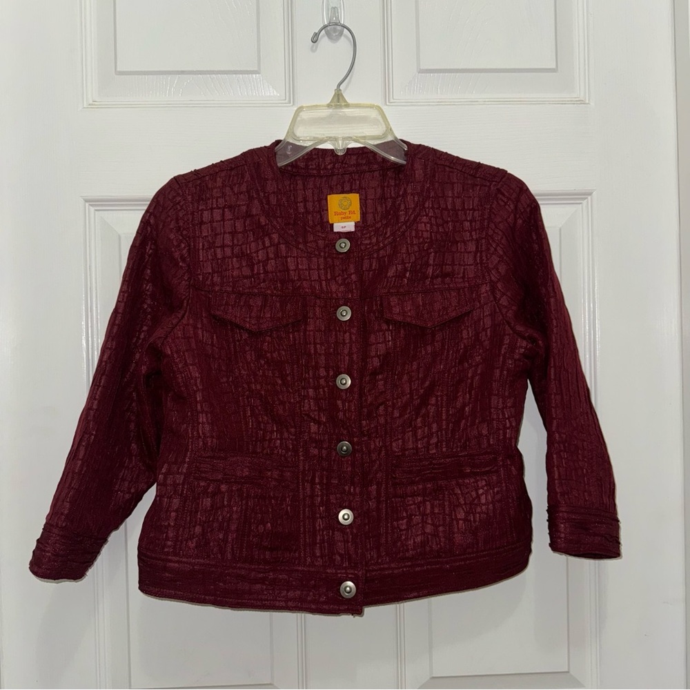 Ruby Rd. Deep Red Petite Crop Style Textured Button Up Denim Style Jacket - Picture 7 of 7